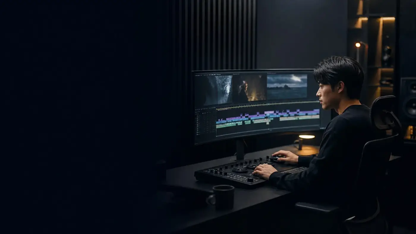 AI video editor at a post-production workstation